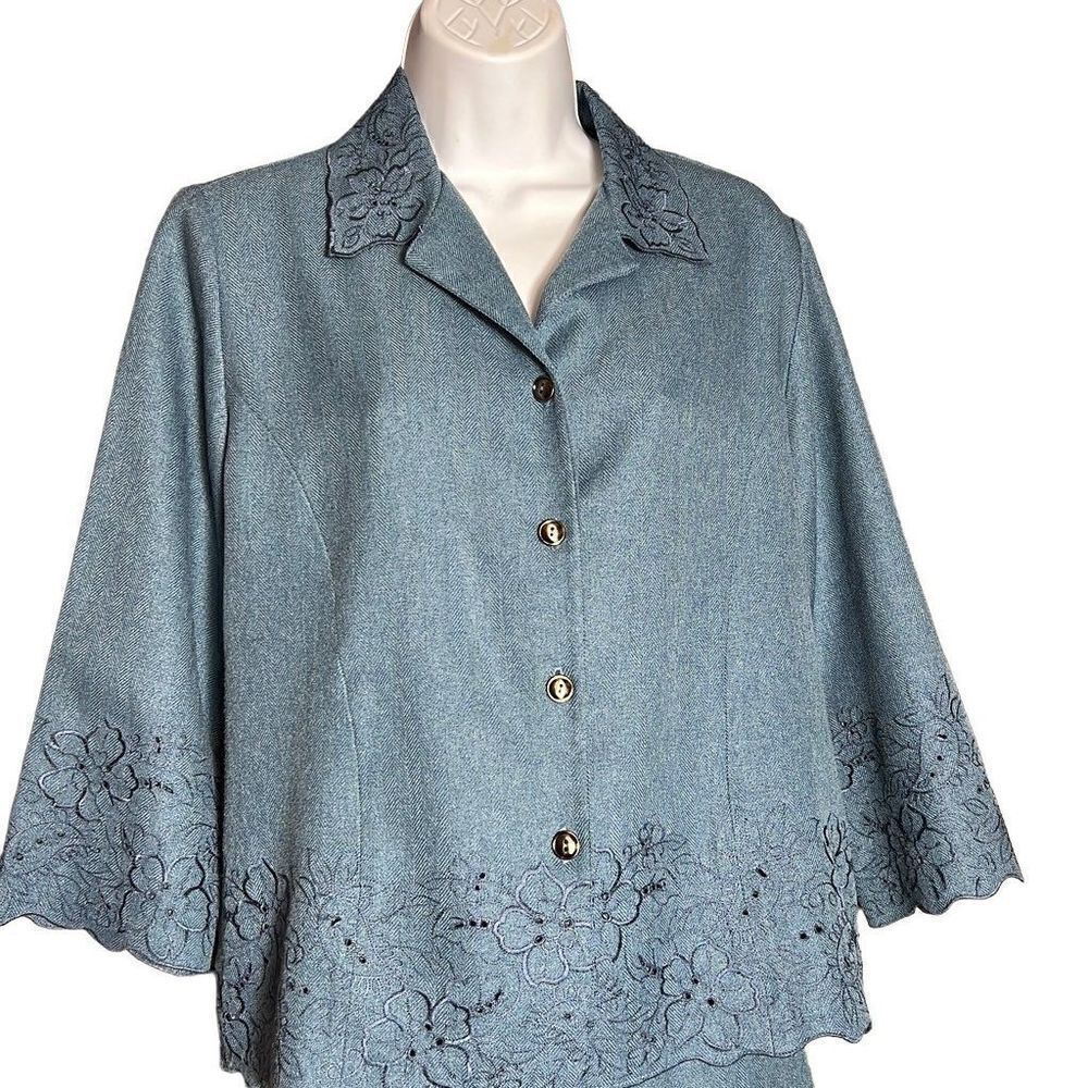 Alfred Dunner Women Petite Blazer Jacket Floral Embroidered Mallard Suit